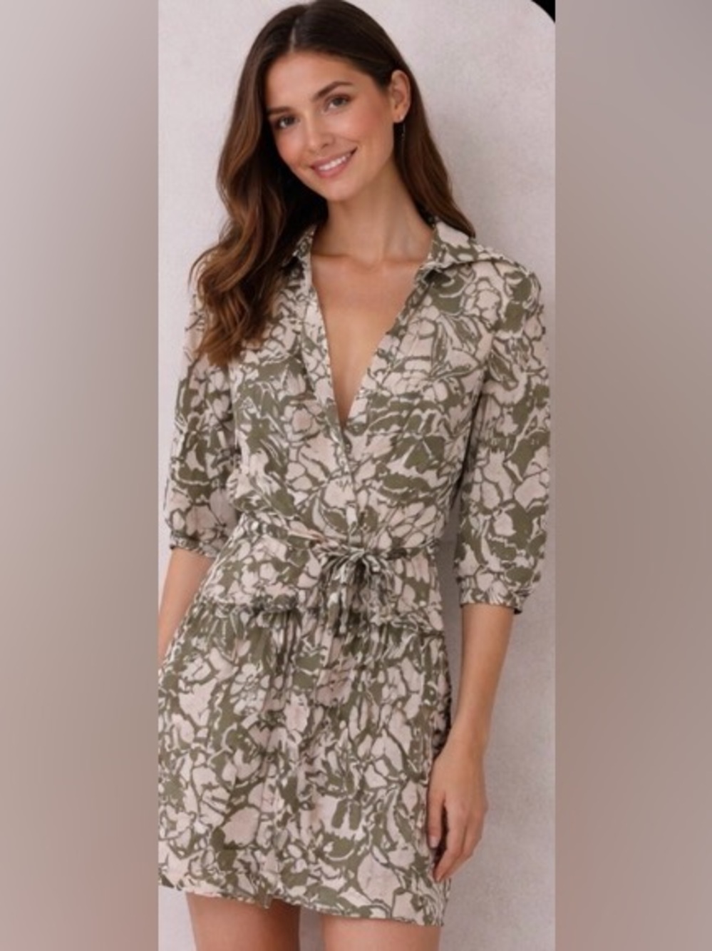 Tahari Olive and Cream Floral Button-Front Blouse